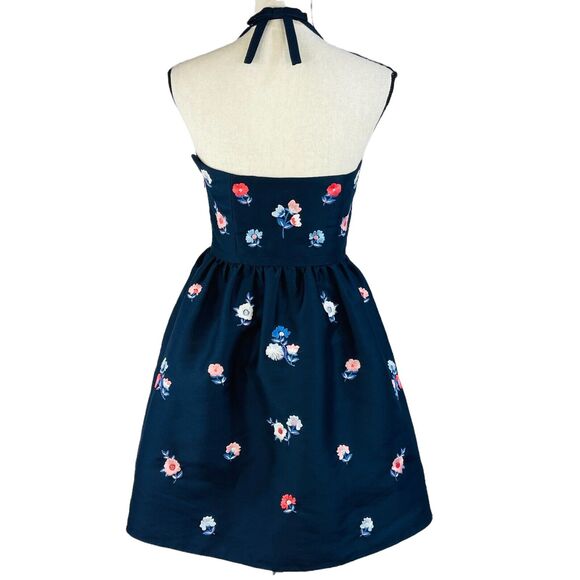Kate Spade SZ 2 Halter Mini Dress Pom Floral Embroidered Fit 'n Flare Lined Blue - Picture 4 of 11